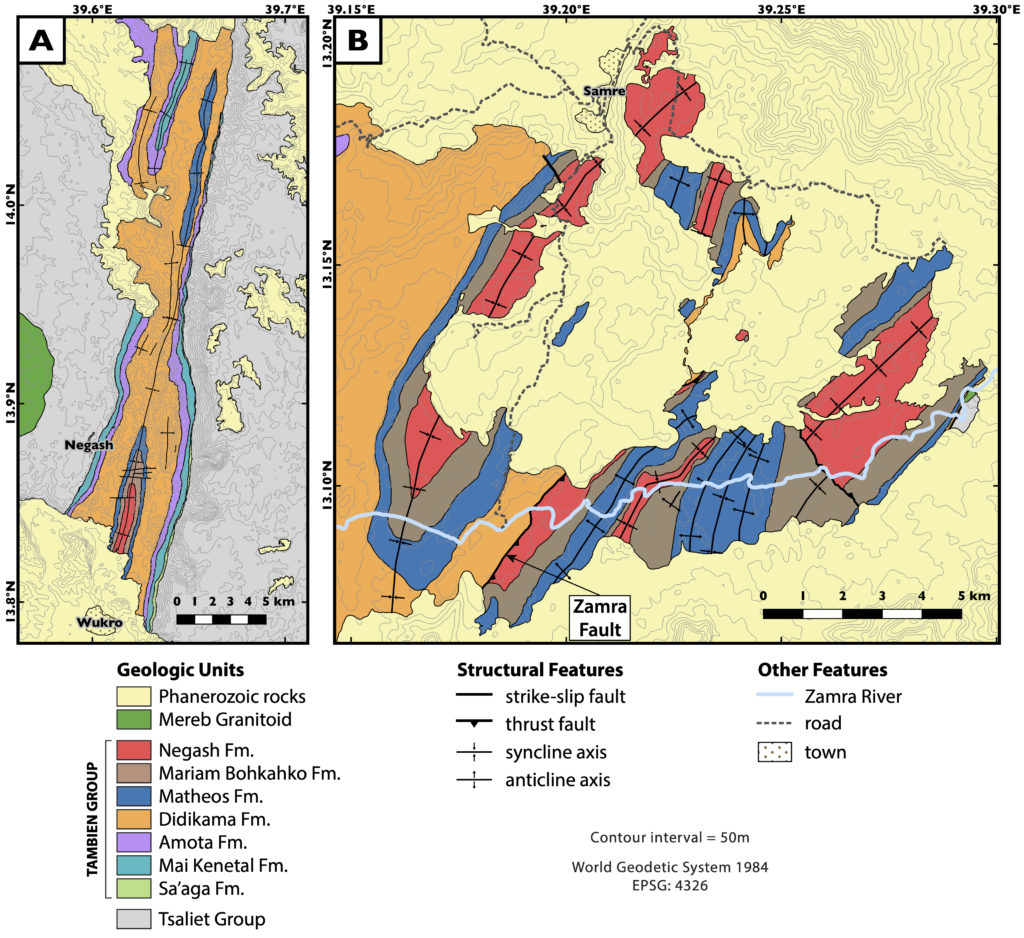 Geologic maps of the Tambien Group exposure in the Negash Syncline and Samre Fold-Thrust Belt.