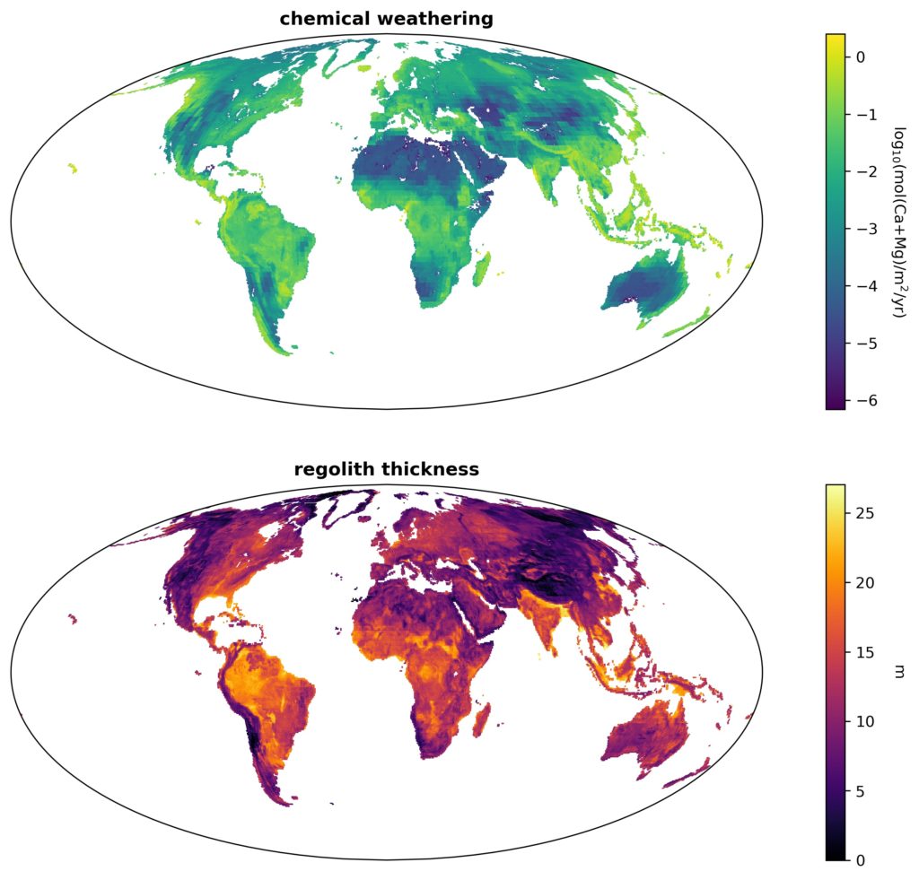 GEOCLIM chemical weathering and regolith thickness maps.